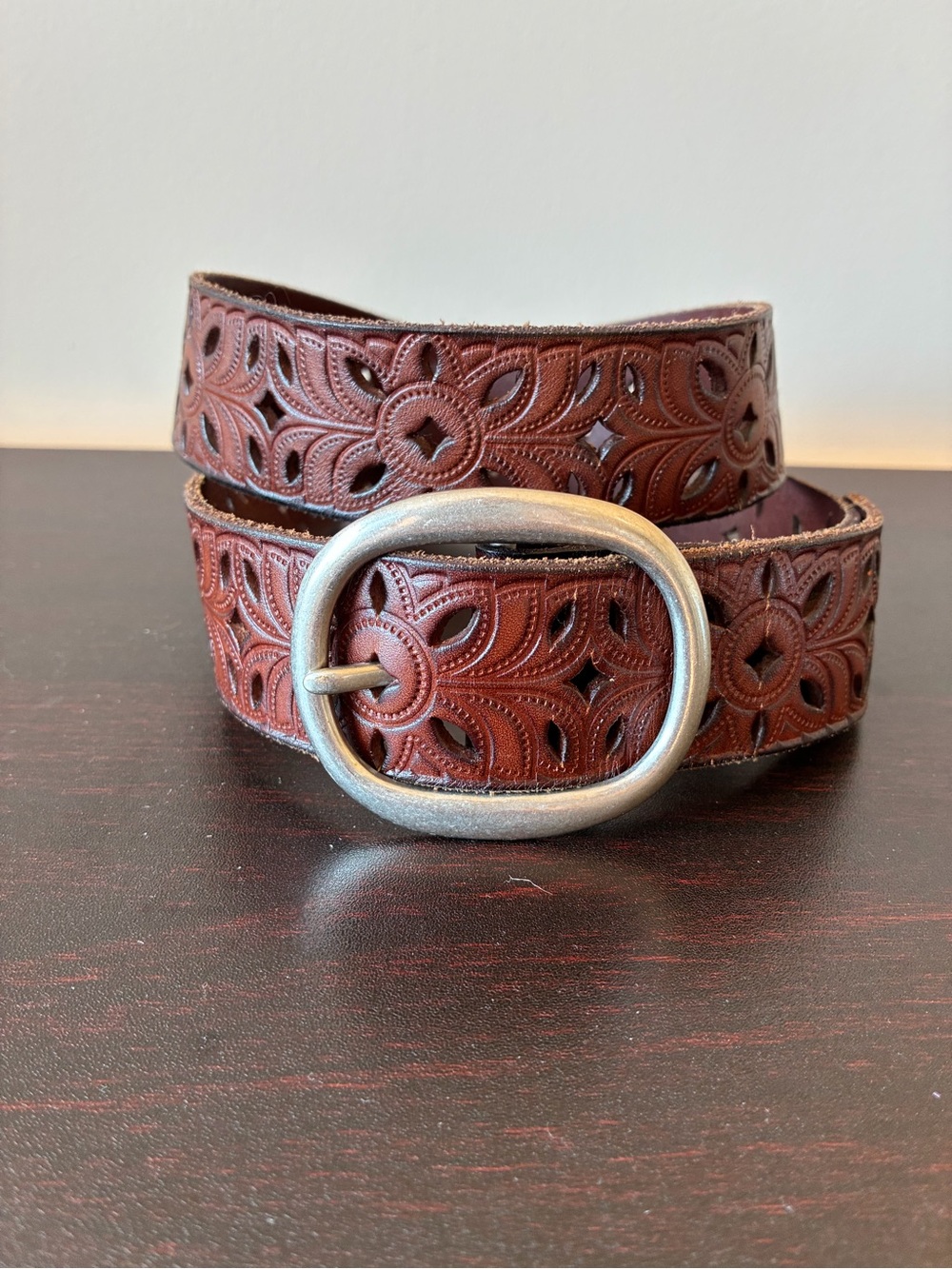 Fossil Genuine Brown Tooled Perforated Leather Belt L